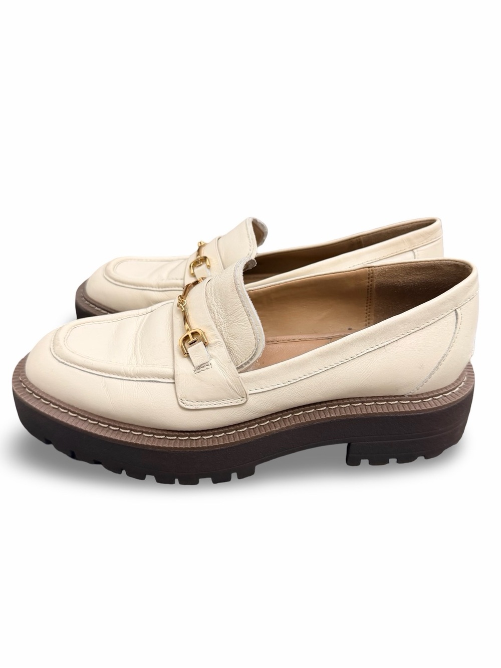 Sam Edelman Laurs Platform Lug Sole Loafer Ivory Leather Gold Bit Size 8